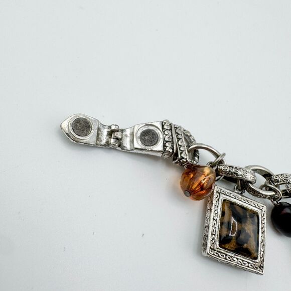 Vintage Leopard Print Square Chain Bracelet Cheetah Charm Bead Chunky Statement - Picture 9 of 11